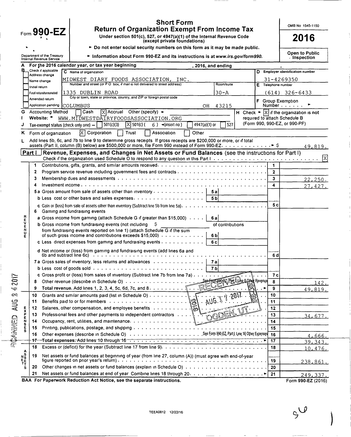 Image of first page of 2016 Form 990EO for Ohio Dairy Foods Association