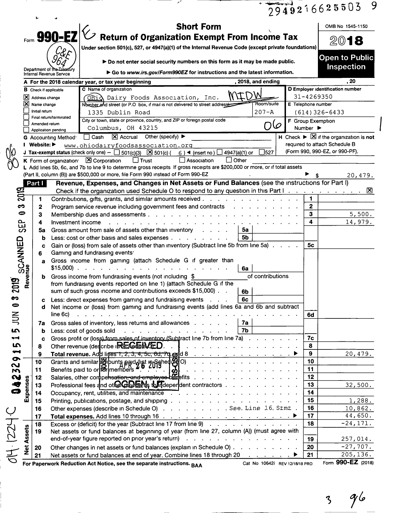 Image of first page of 2018 Form 990EO for Ohio Dairy Foods Association