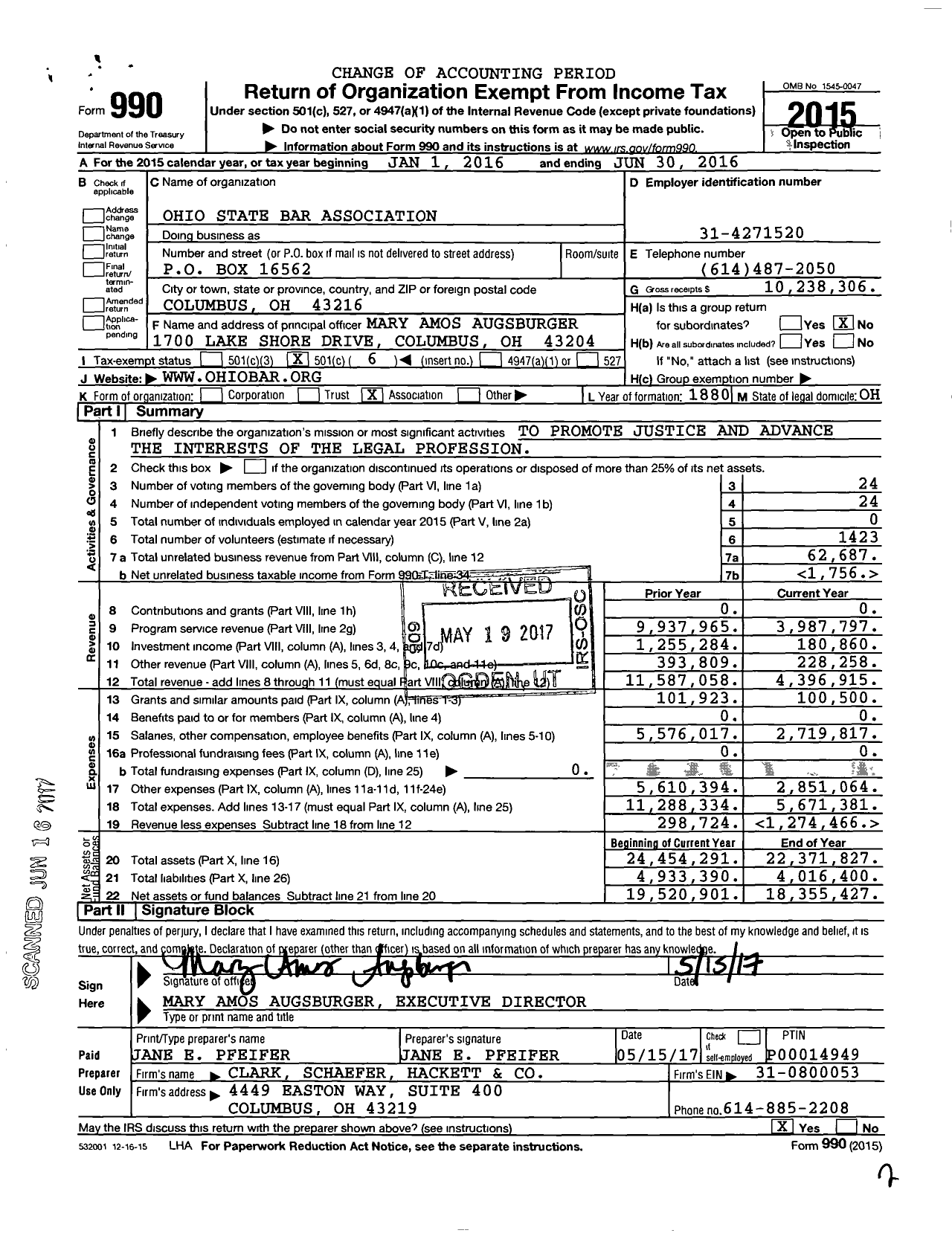 Image of first page of 2015 Form 990O for Ohio State Bar Association