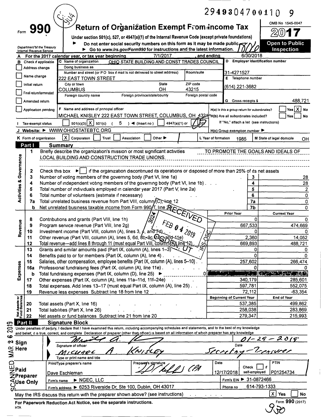 Image of first page of 2017 Form 990O for AFL-CIO - Ohio State Bldg & Const Trades Coun