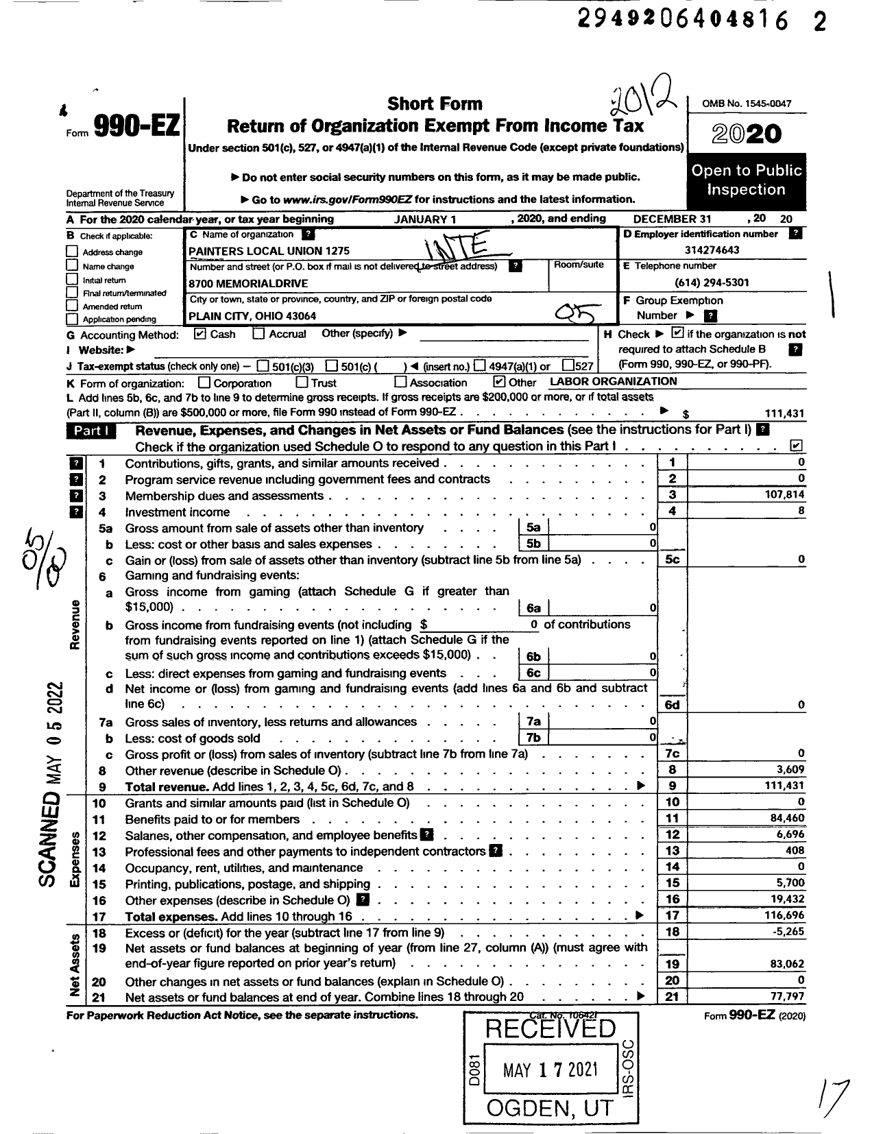 Image of first page of 2020 Form 990EO for International Union of Painters and Allied Trades - 1275 Painters Local Union