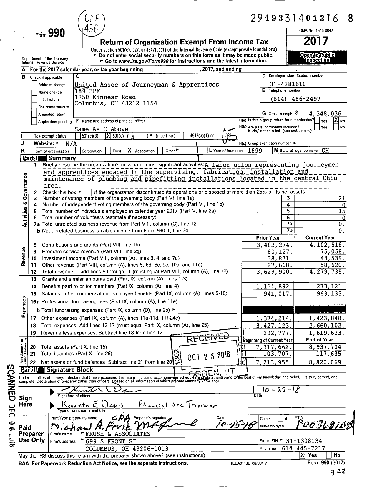 Image of first page of 2017 Form 990O for United Association - 189 PPF