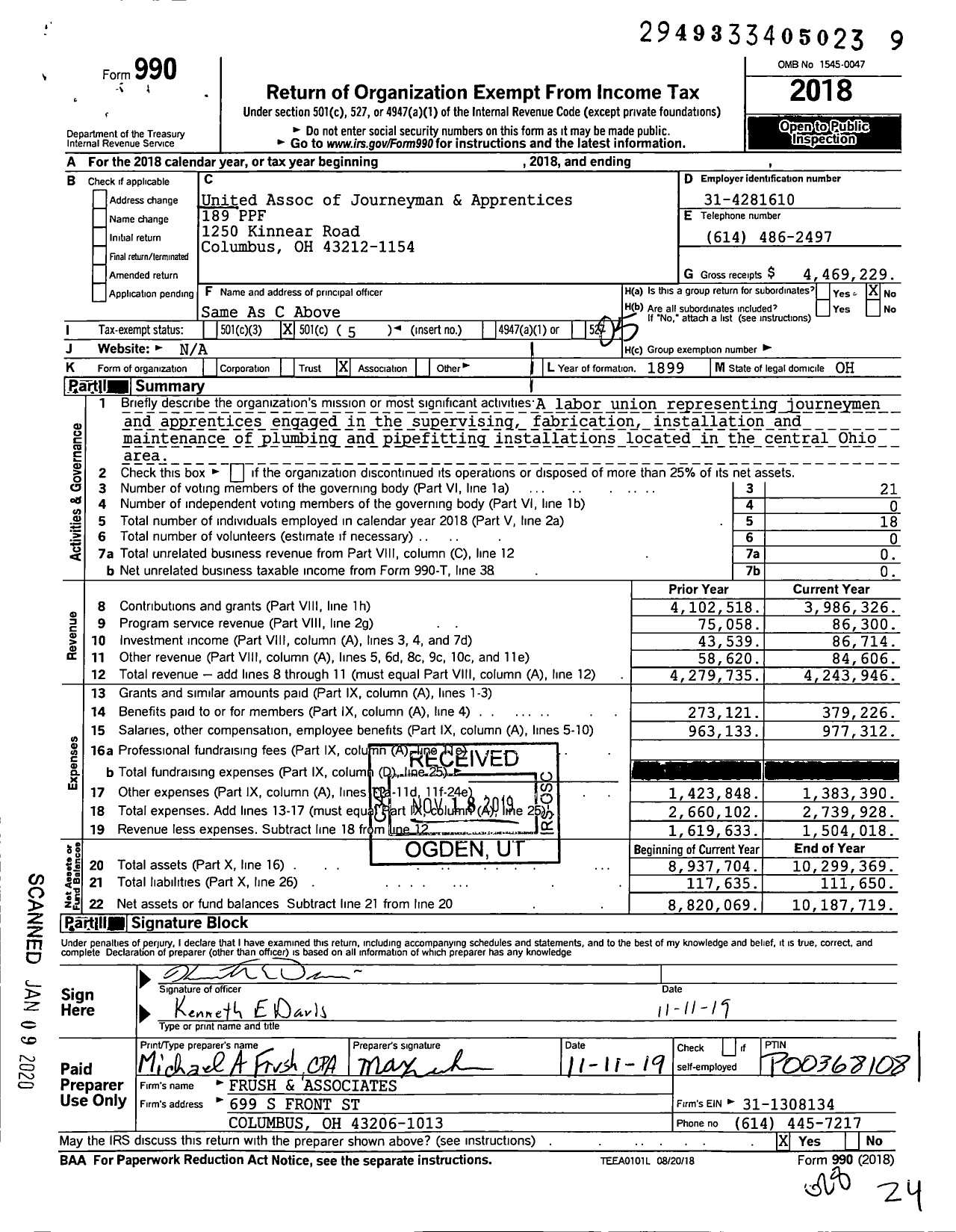 Image of first page of 2018 Form 990O for United Association - 189 PPF