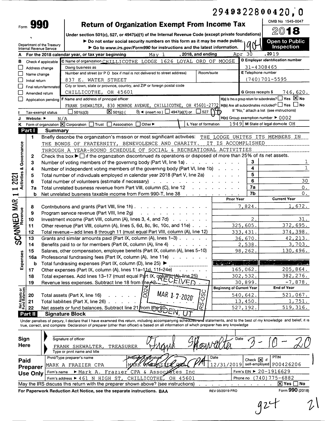 Image of first page of 2018 Form 990O for Loyal Order of Moose - 1626