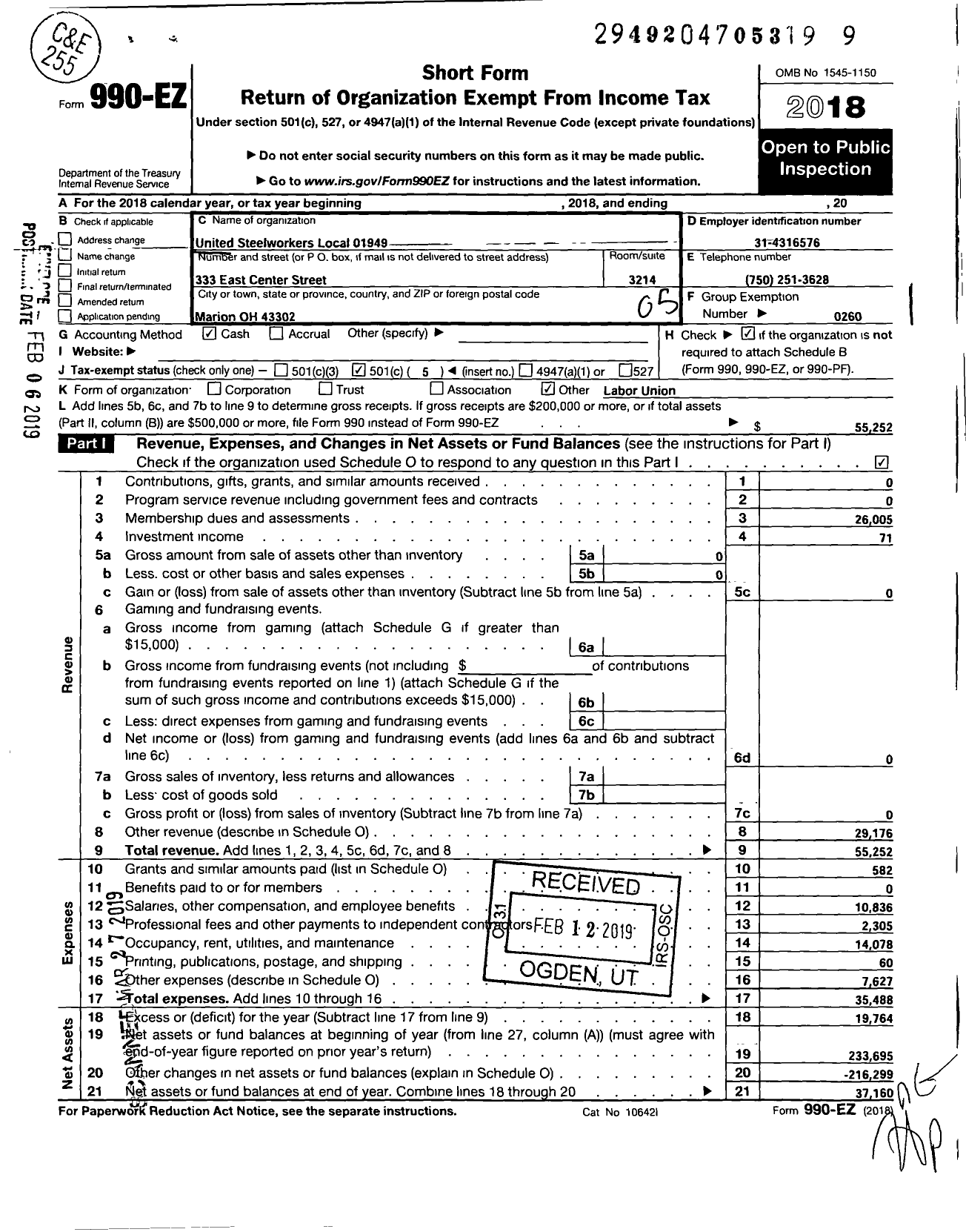 Image of first page of 2018 Form 990EO for United Steelworkers - 01949 Local