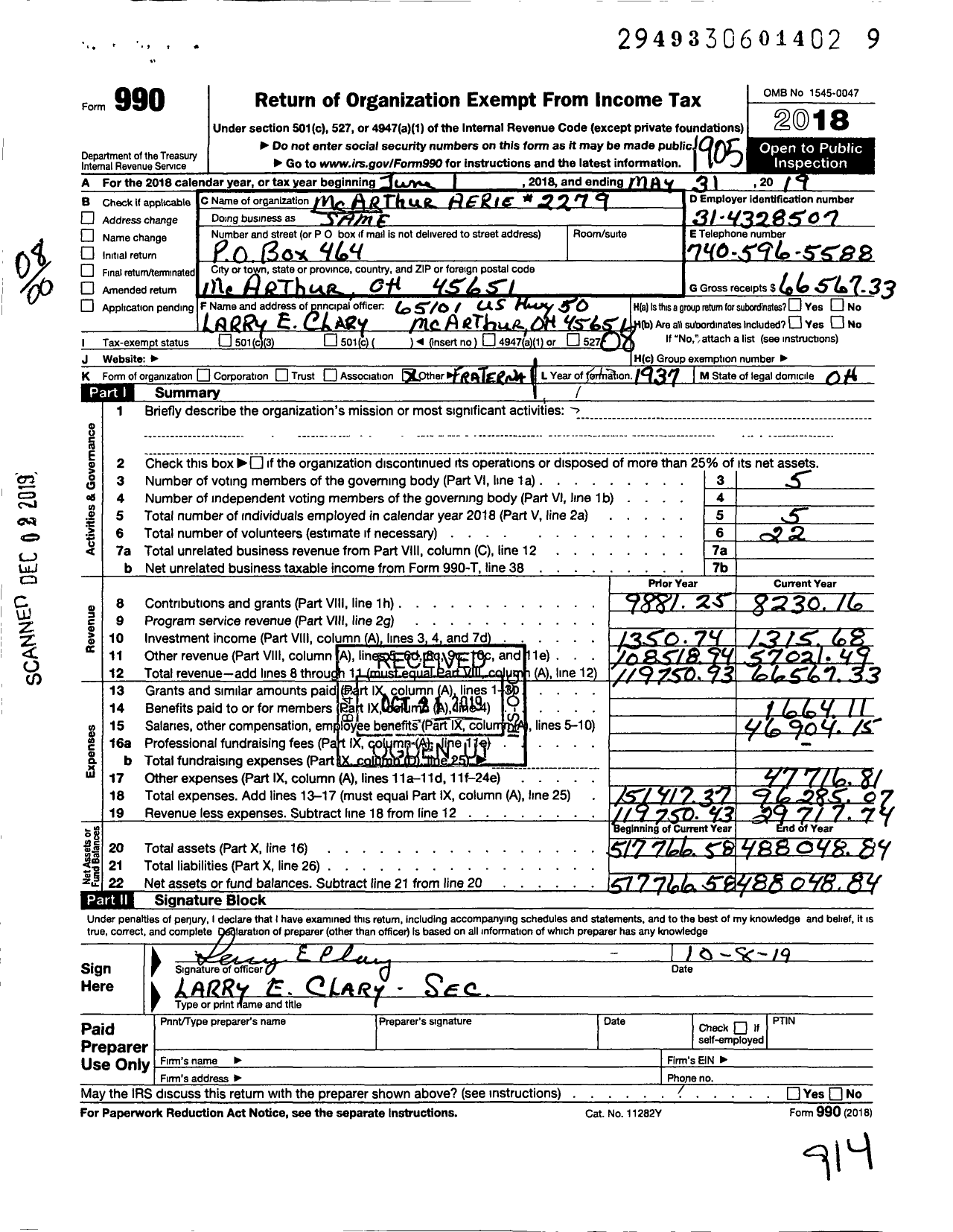 Image of first page of 2018 Form 990O for FRATERNAL ORDER OF EAGLES - 2279 Aerie