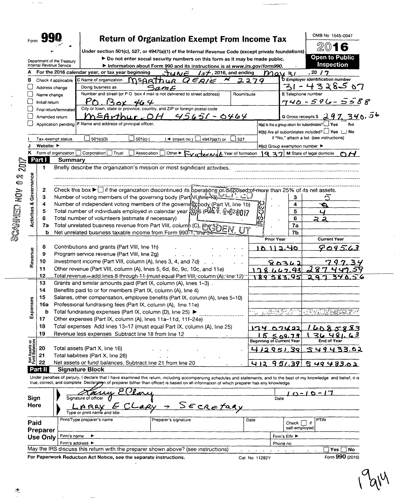 Image of first page of 2016 Form 990O for FRATERNAL ORDER OF EAGLES - 2279 Aerie