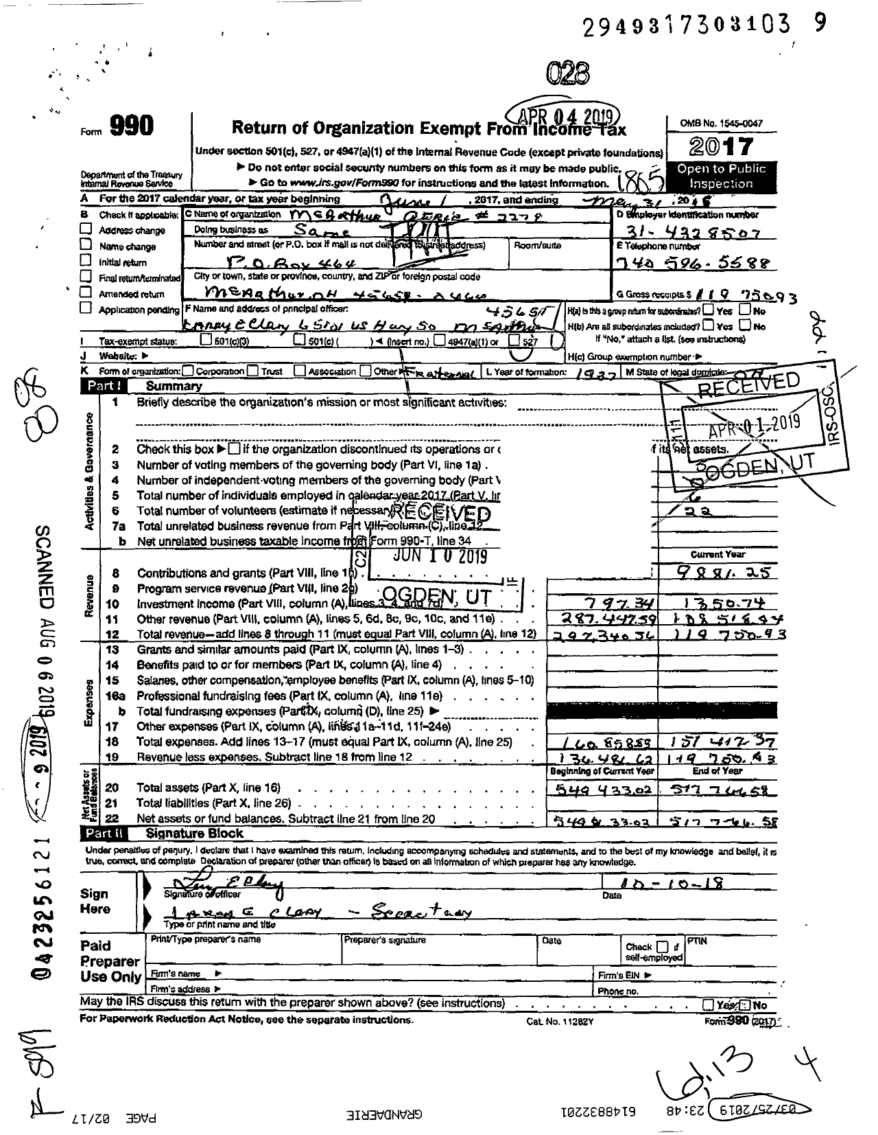 Image of first page of 2017 Form 990O for FRATERNAL ORDER OF EAGLES - 2279 Aerie