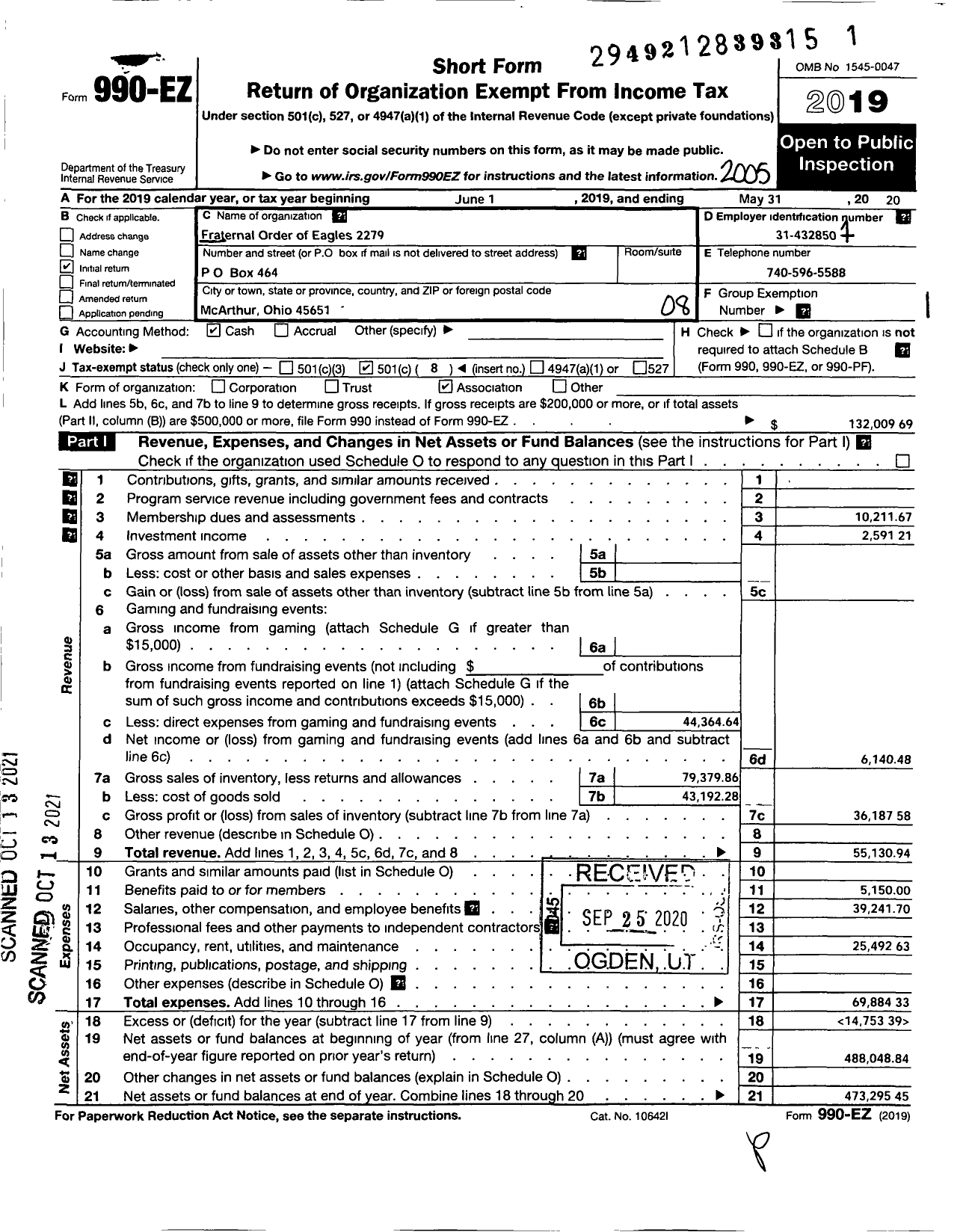 Image of first page of 2019 Form 990EO for FRATERNAL ORDER OF EAGLES - 2279 Aerie