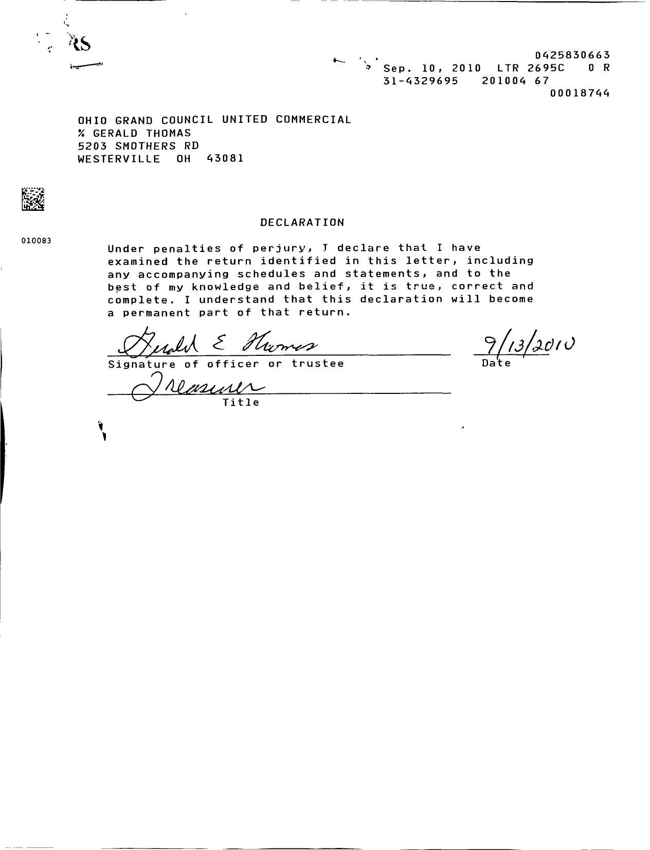 Image of first page of 2009 Form 990EOR for United Commercial Travelers of America / Ohio Grand