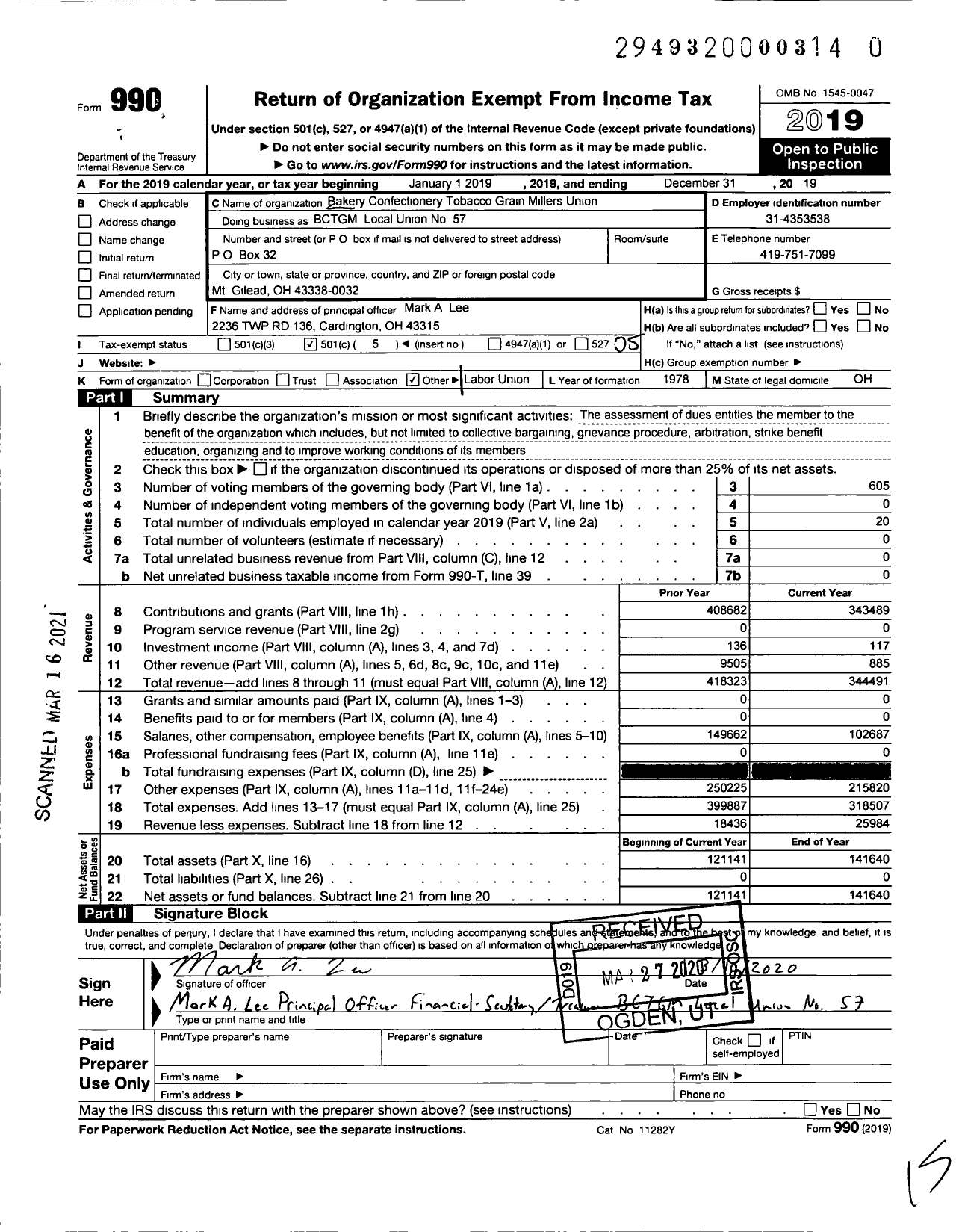 Image of first page of 2019 Form 990O for BCTGM International Union - BCTGM Local Union No 57