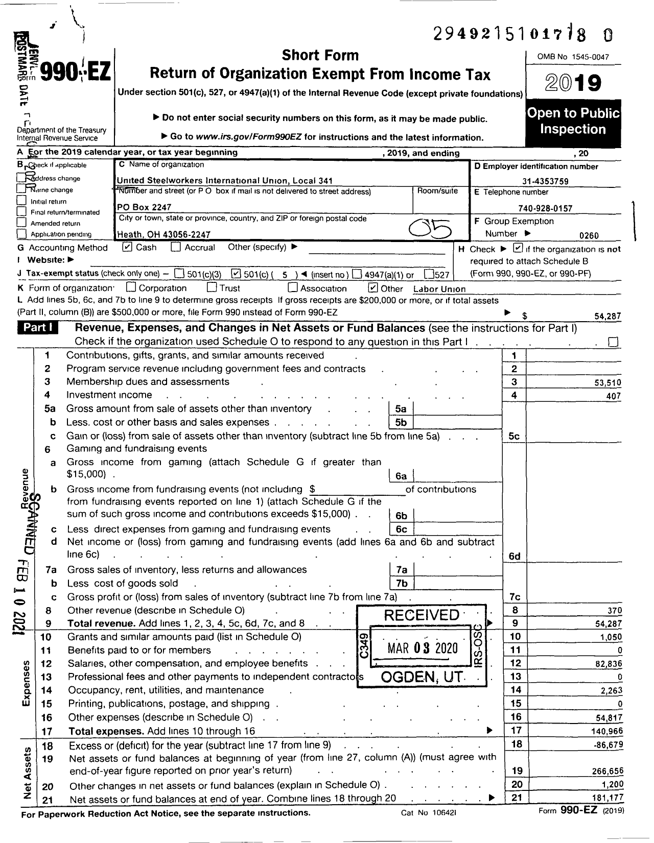 Image of first page of 2019 Form 990EO for United Steelworkers - 00341 Local