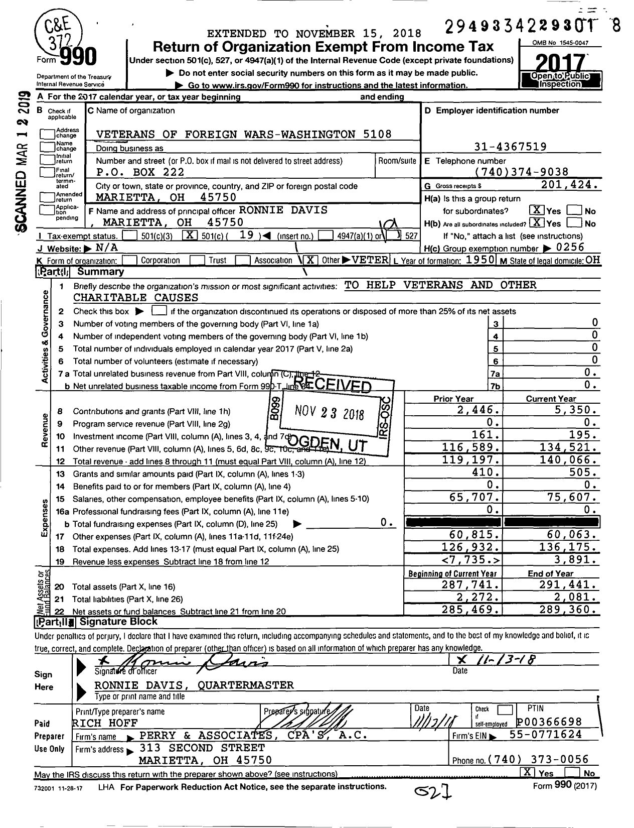 Image of first page of 2017 Form 990O for Ohio VFW - 5108 Ronnie W Davis Memorial Post