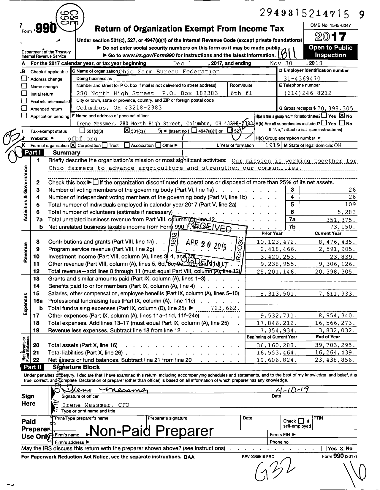 Image of first page of 2017 Form 990O for Ohio Farm Bureau Federation