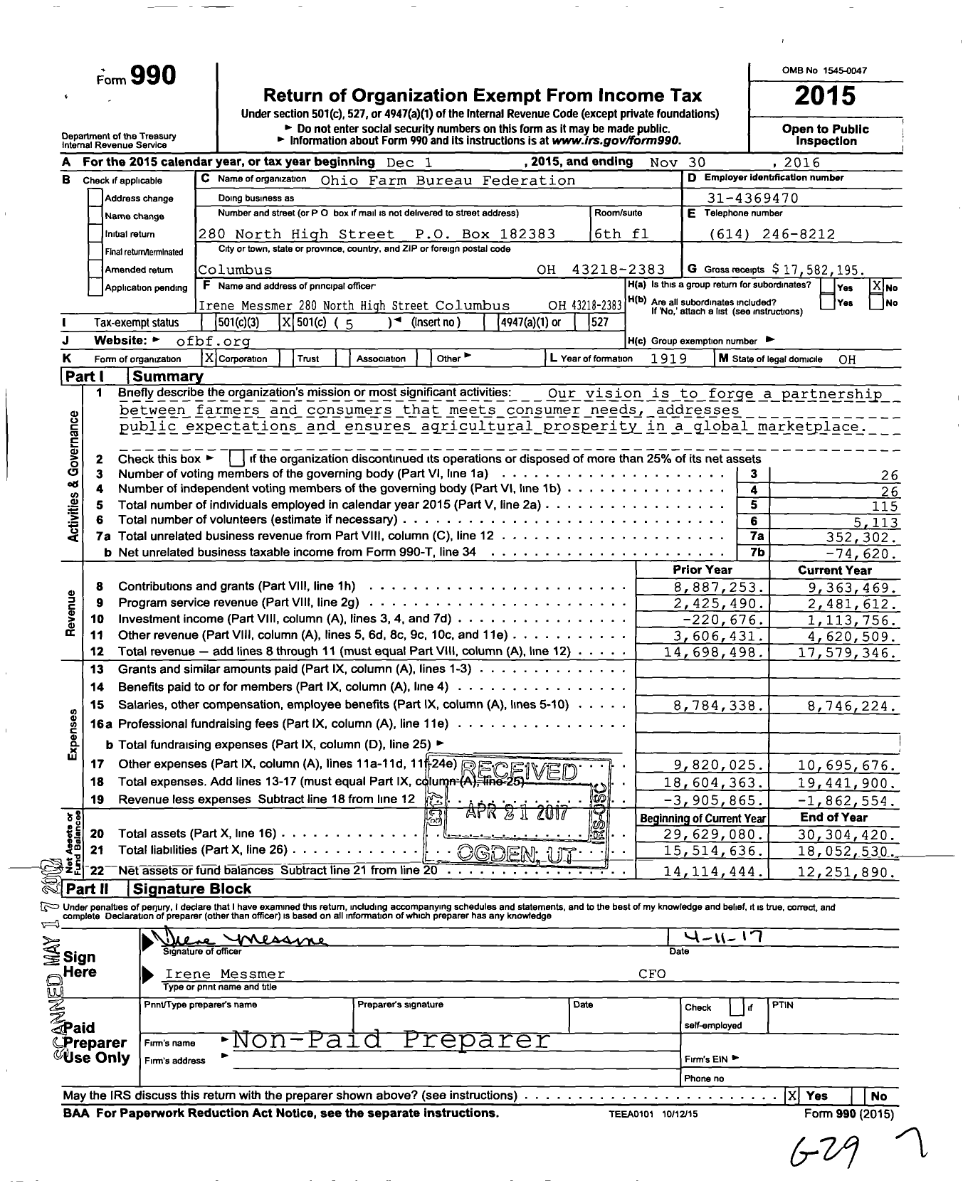 Image of first page of 2015 Form 990O for Ohio Farm Bureau Federation