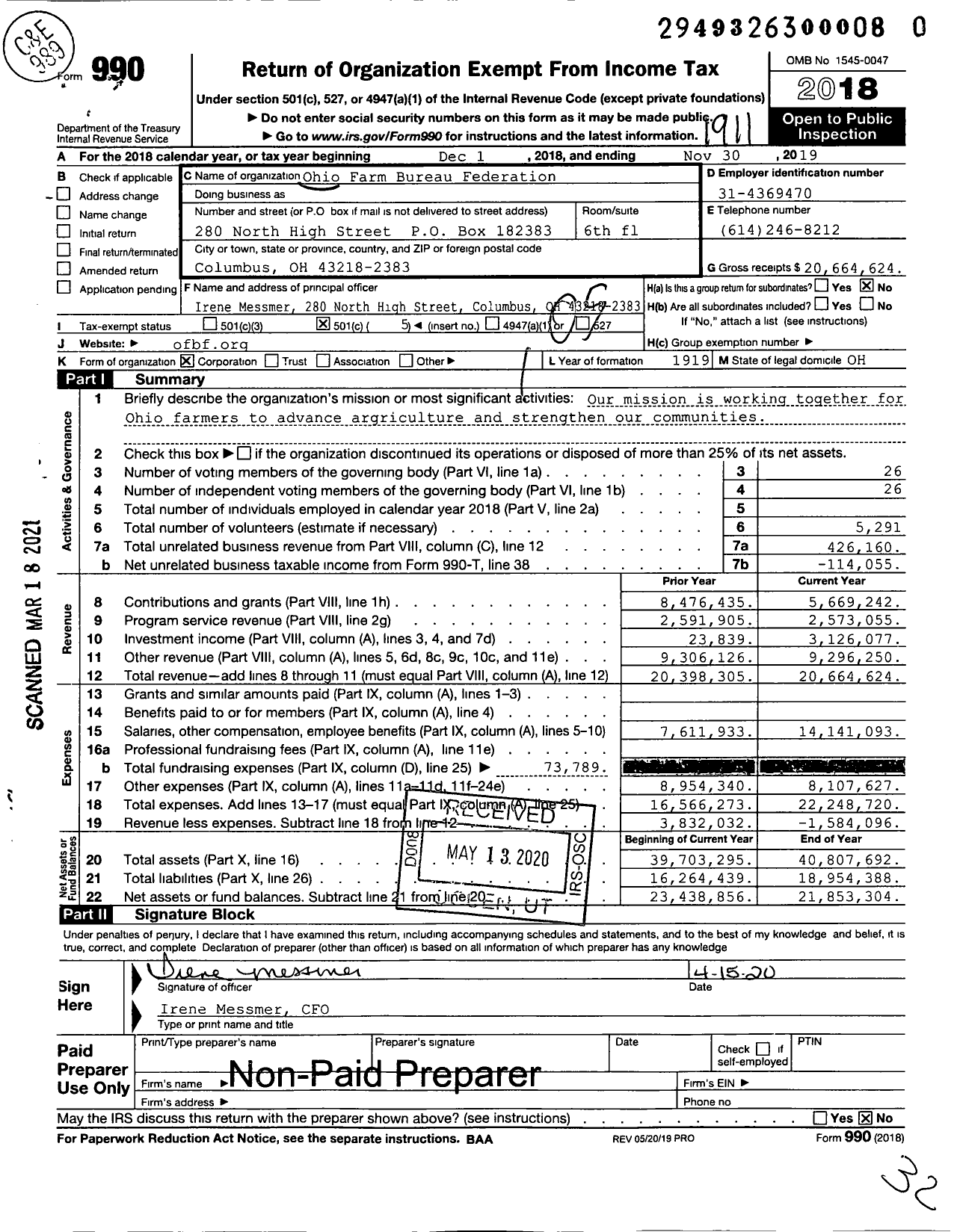 Image of first page of 2018 Form 990O for Ohio Farm Bureau Federation