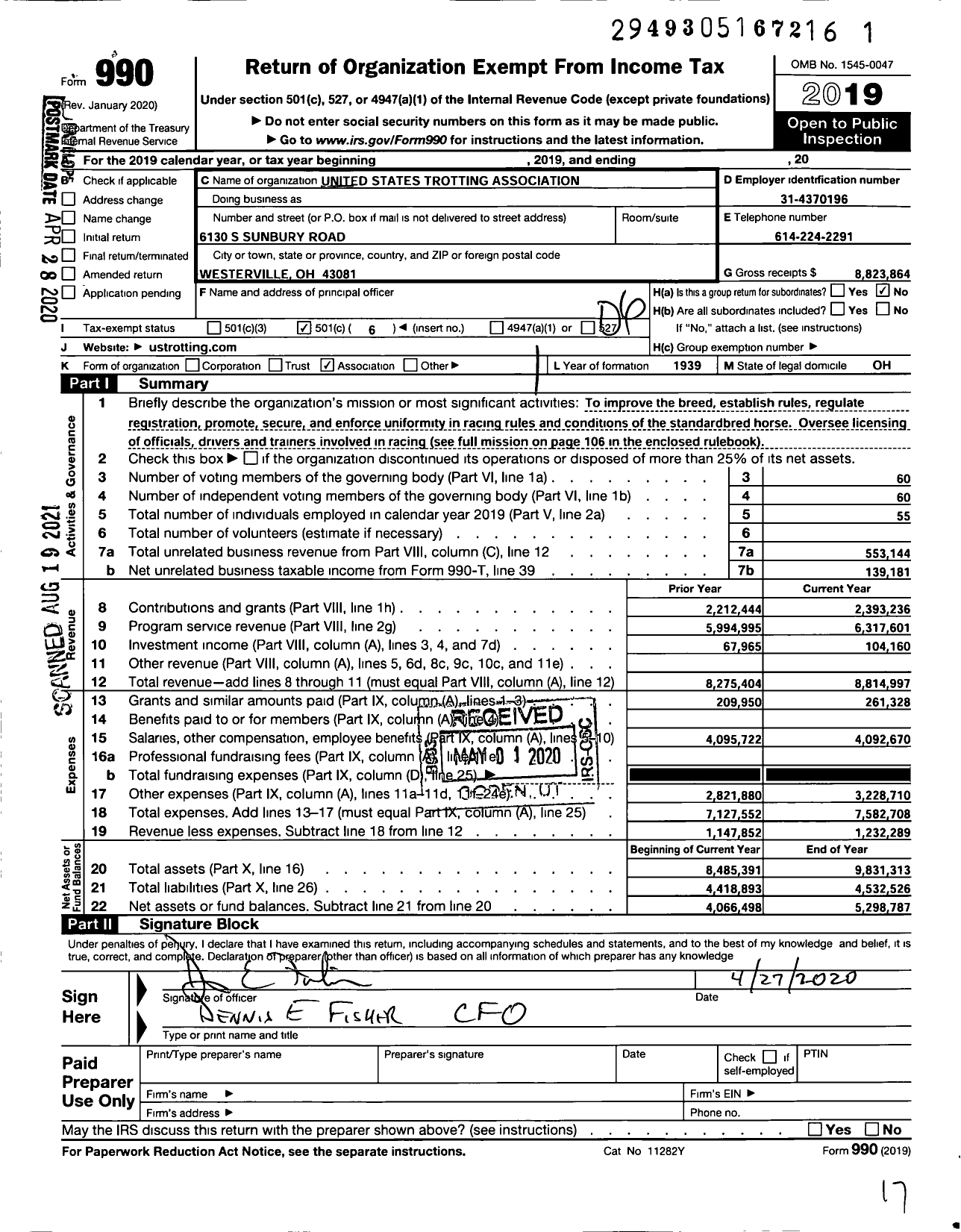 Image of first page of 2019 Form 990O for United States Trotting Association