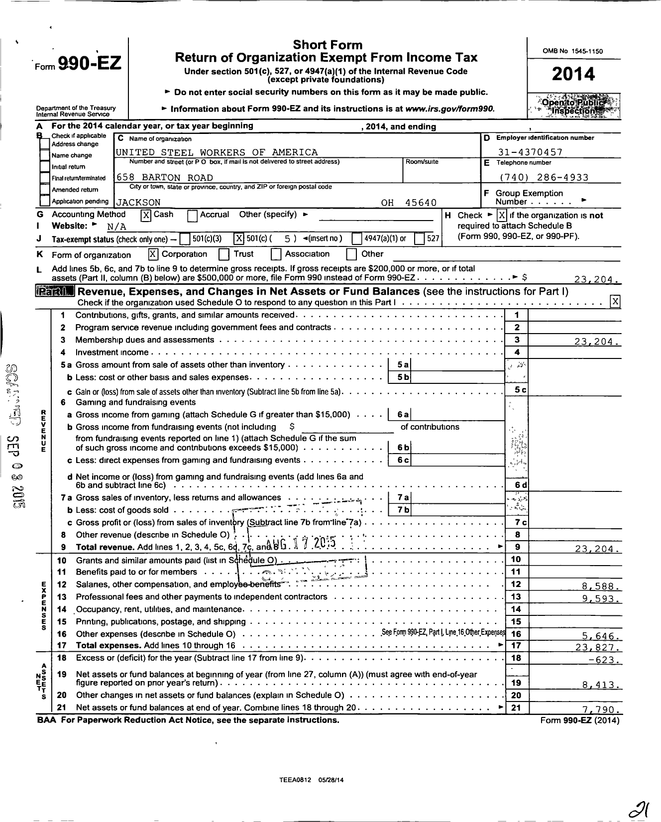 Image of first page of 2014 Form 990EO for United Steelworkers - 02324 Local