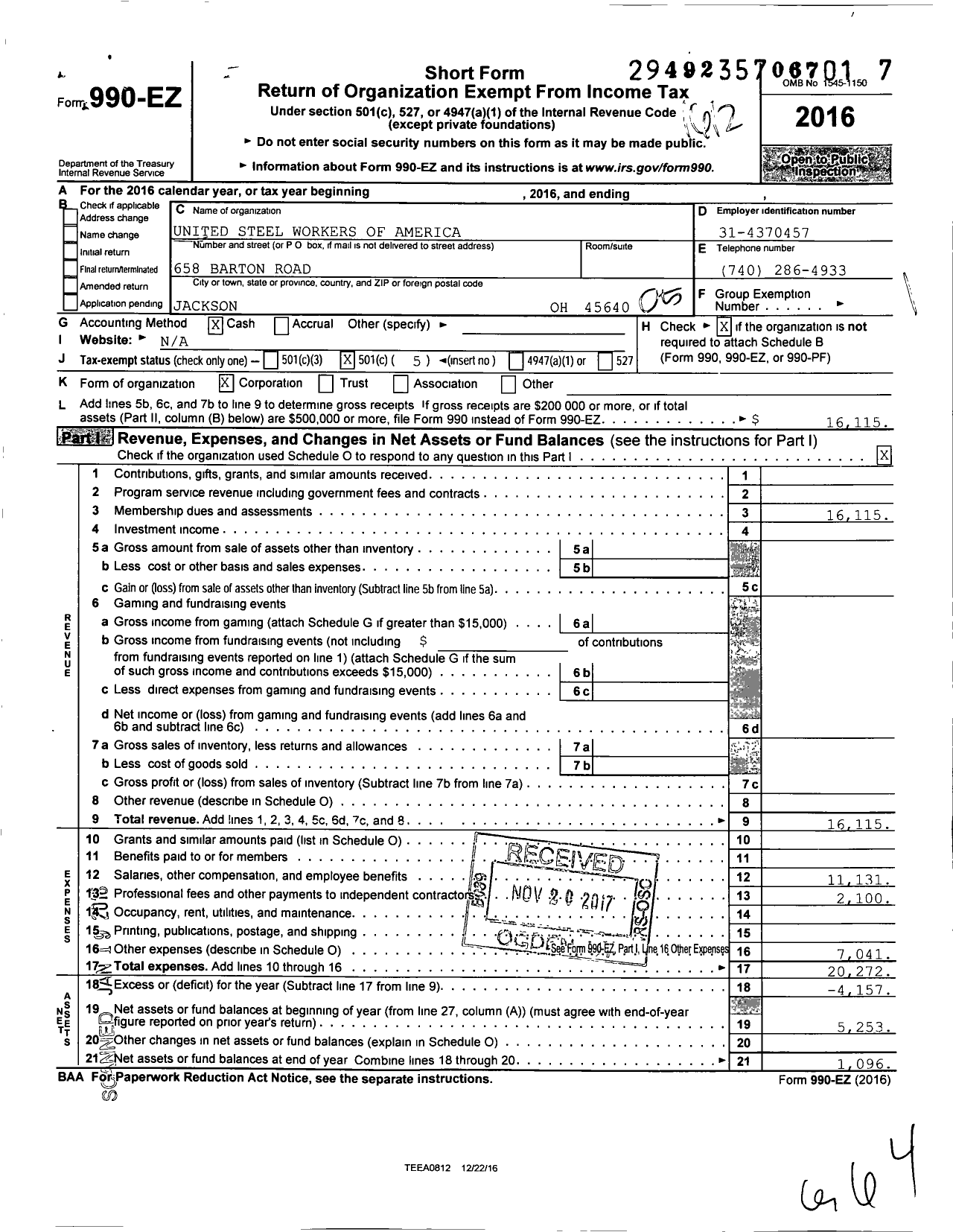 Image of first page of 2016 Form 990EO for United Steelworkers - 02324 Local