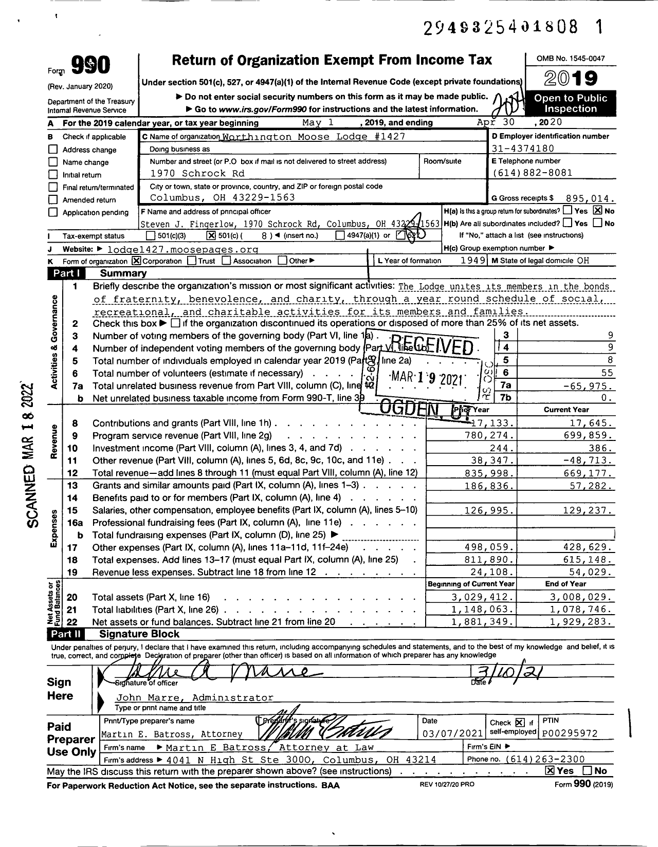 Image of first page of 2019 Form 990O for Loyal Order of Moose - 1427