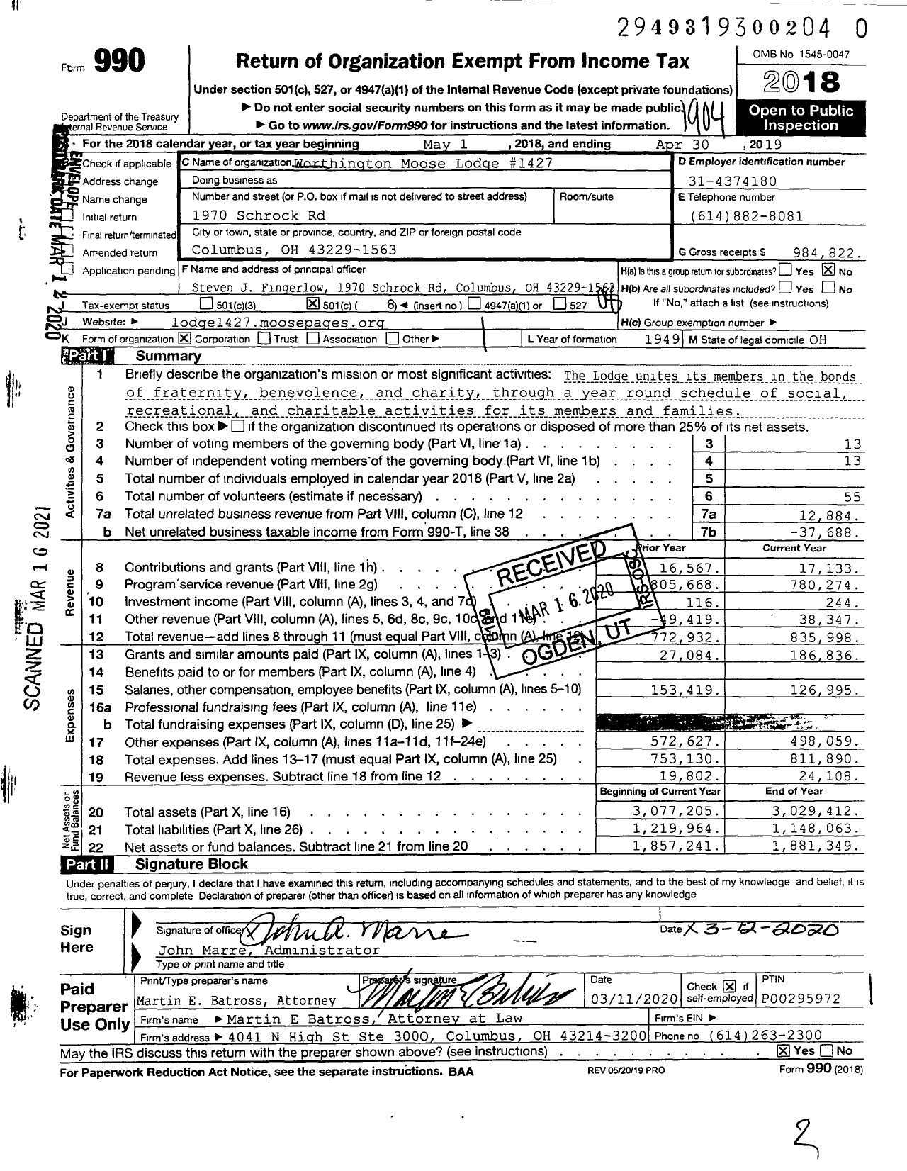 Image of first page of 2018 Form 990O for Loyal Order of Moose - 1427