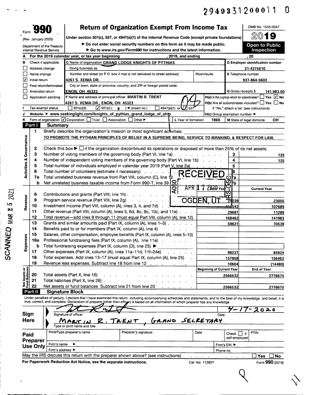 Image of first page of 2019 Form 990O for Knights of Pythias Grand Lodge