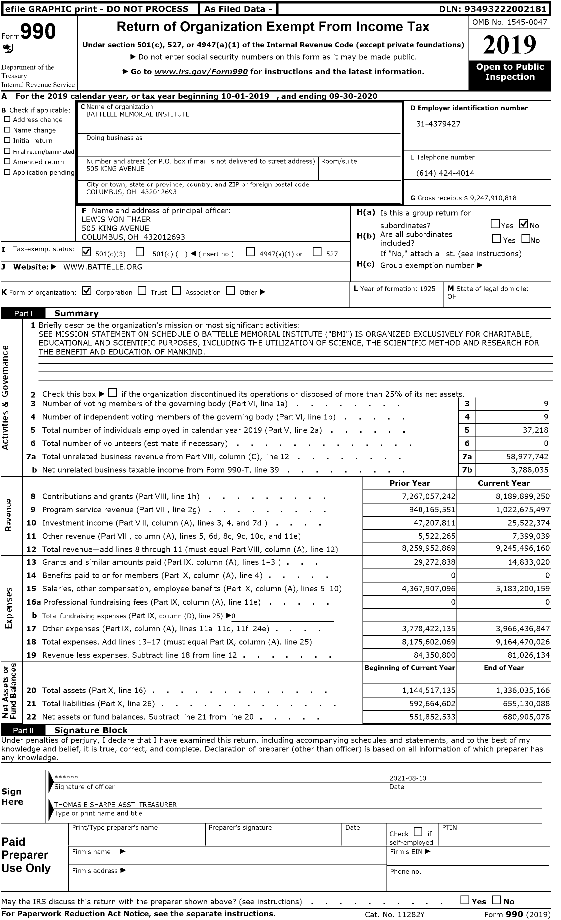 Image of first page of 2019 Form 990 for Battelle Memorial Institute