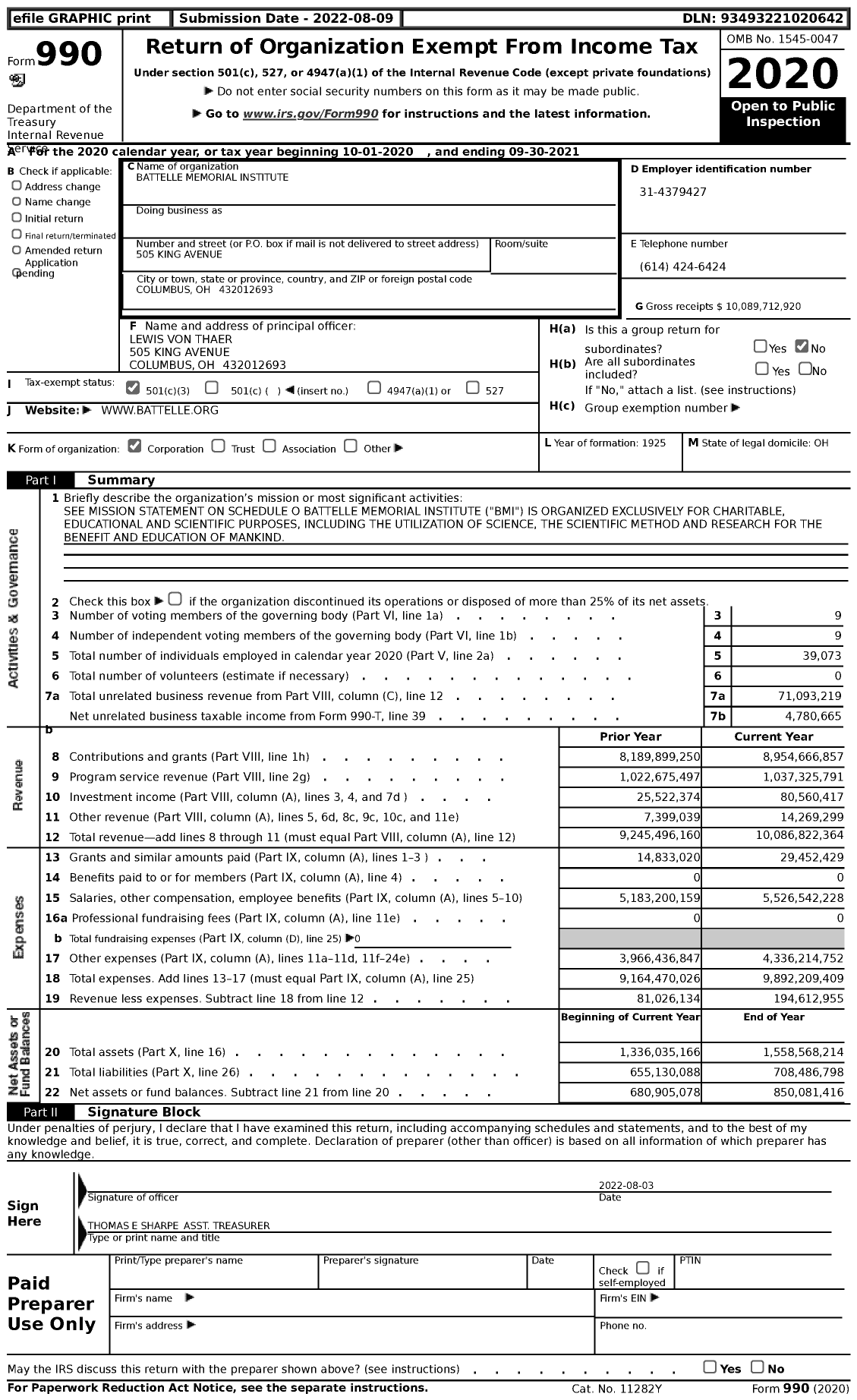 Image of first page of 2020 Form 990 for Battelle Memorial Institute