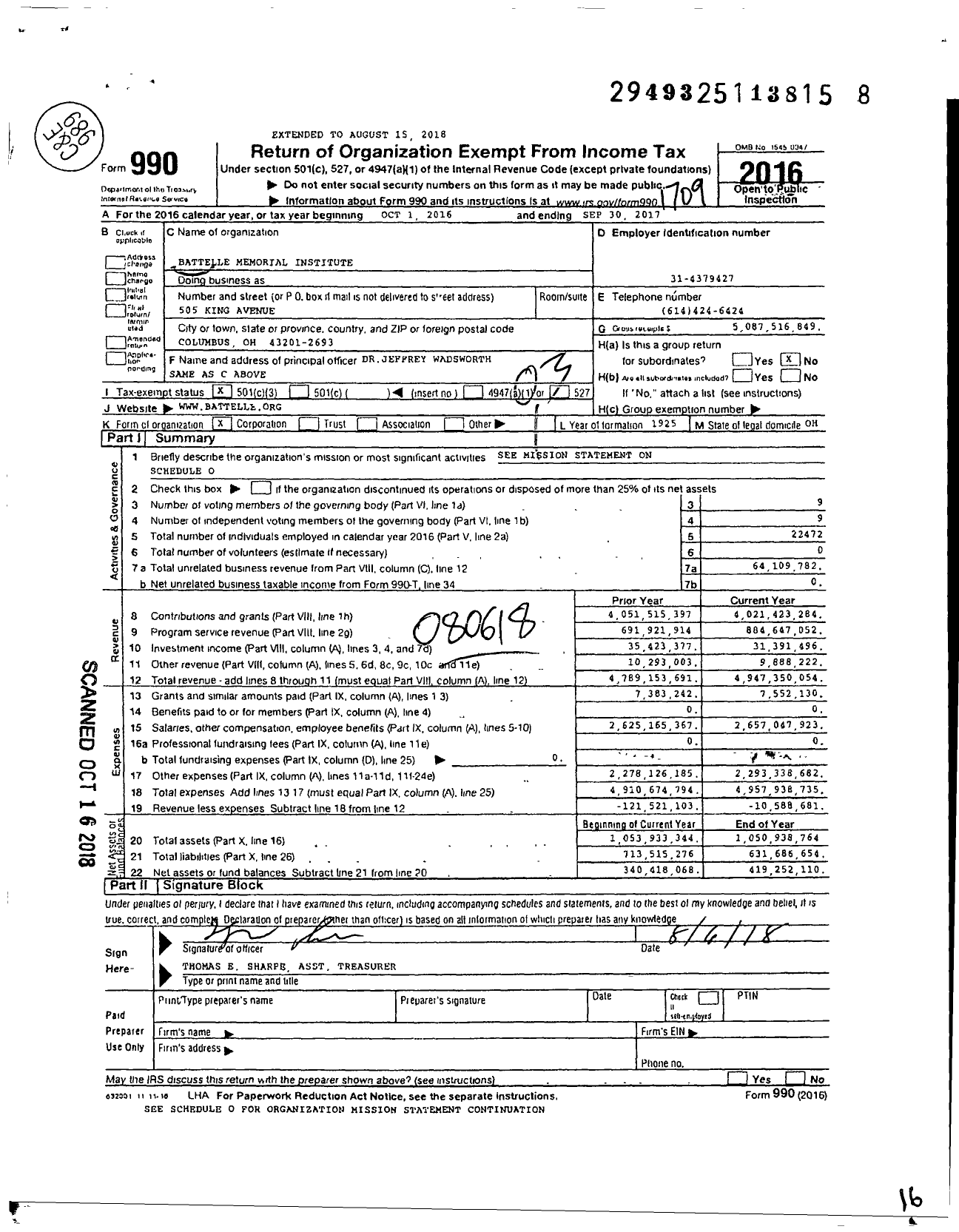 Image of first page of 2016 Form 990 for Battelle Memorial Institute