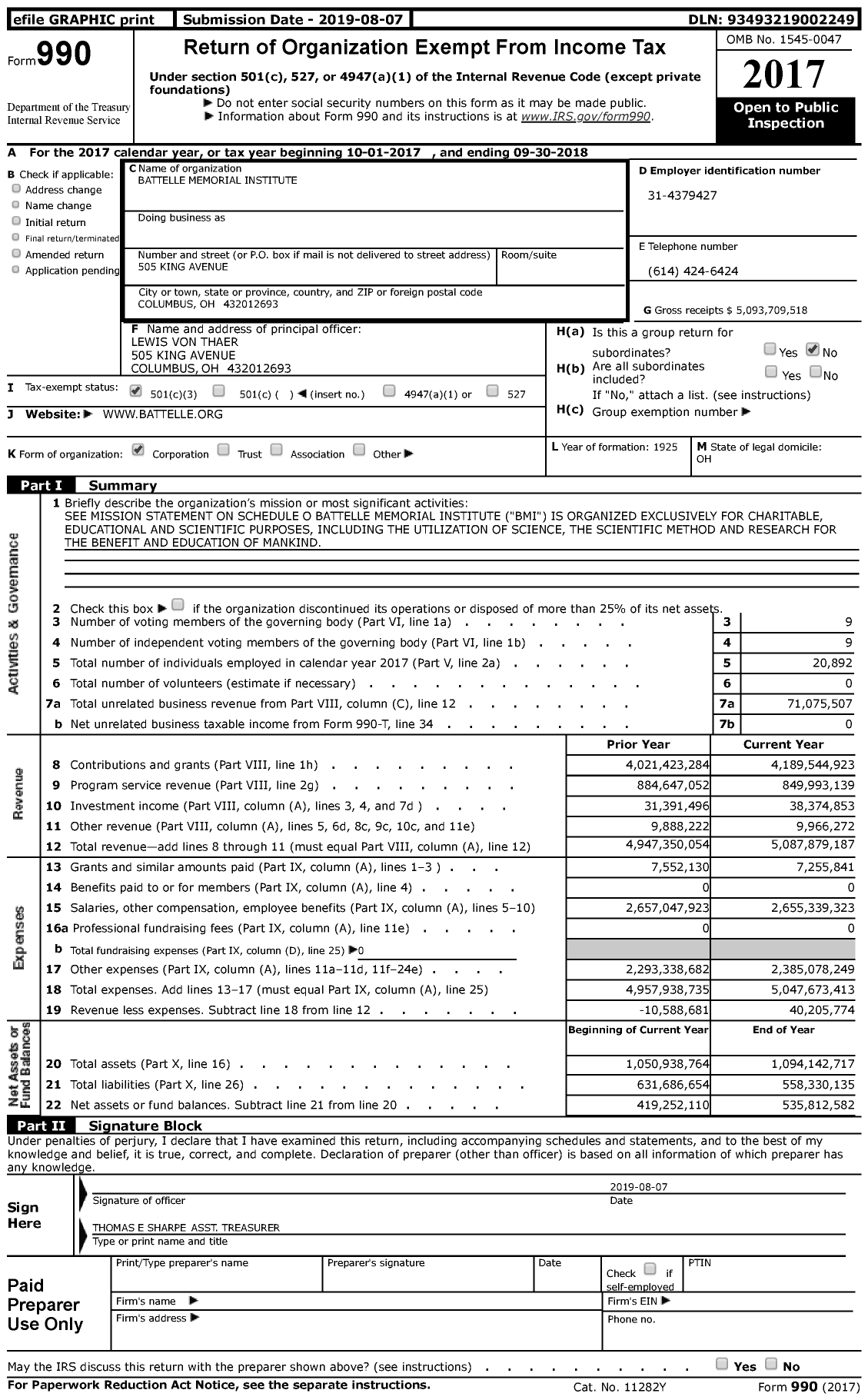 Image of first page of 2017 Form 990 for Battelle Memorial Institute