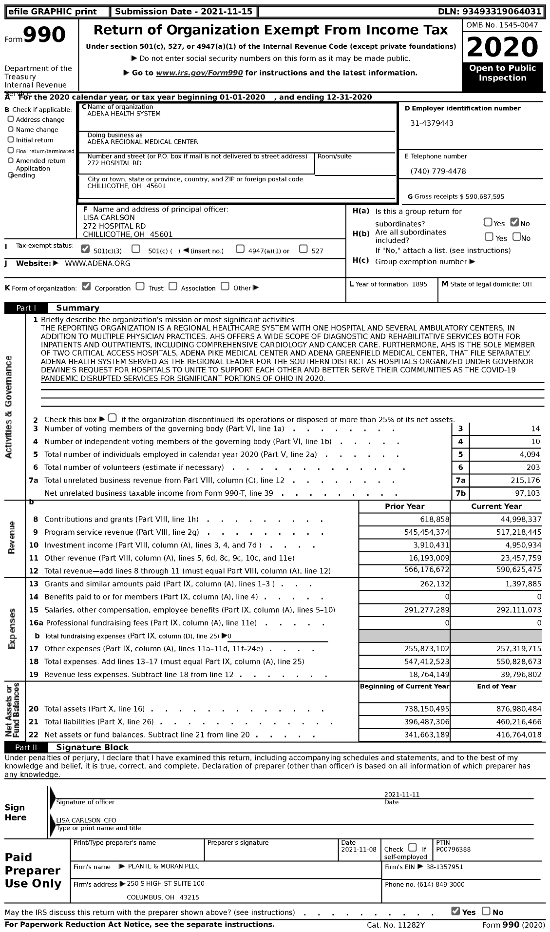 Image of first page of 2020 Form 990 for Adena Health System (AHS)