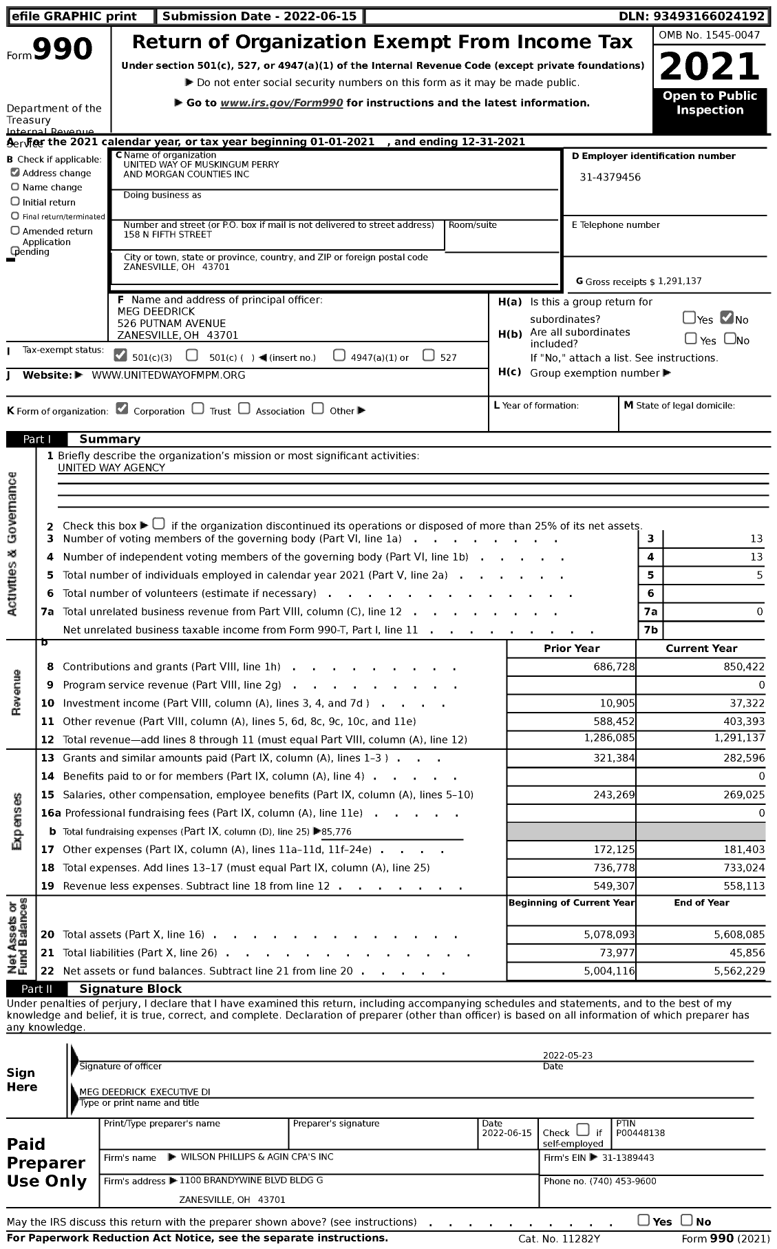 Image of first page of 2021 Form 990 for United Way of Muskingum Perry and Morgan Counties