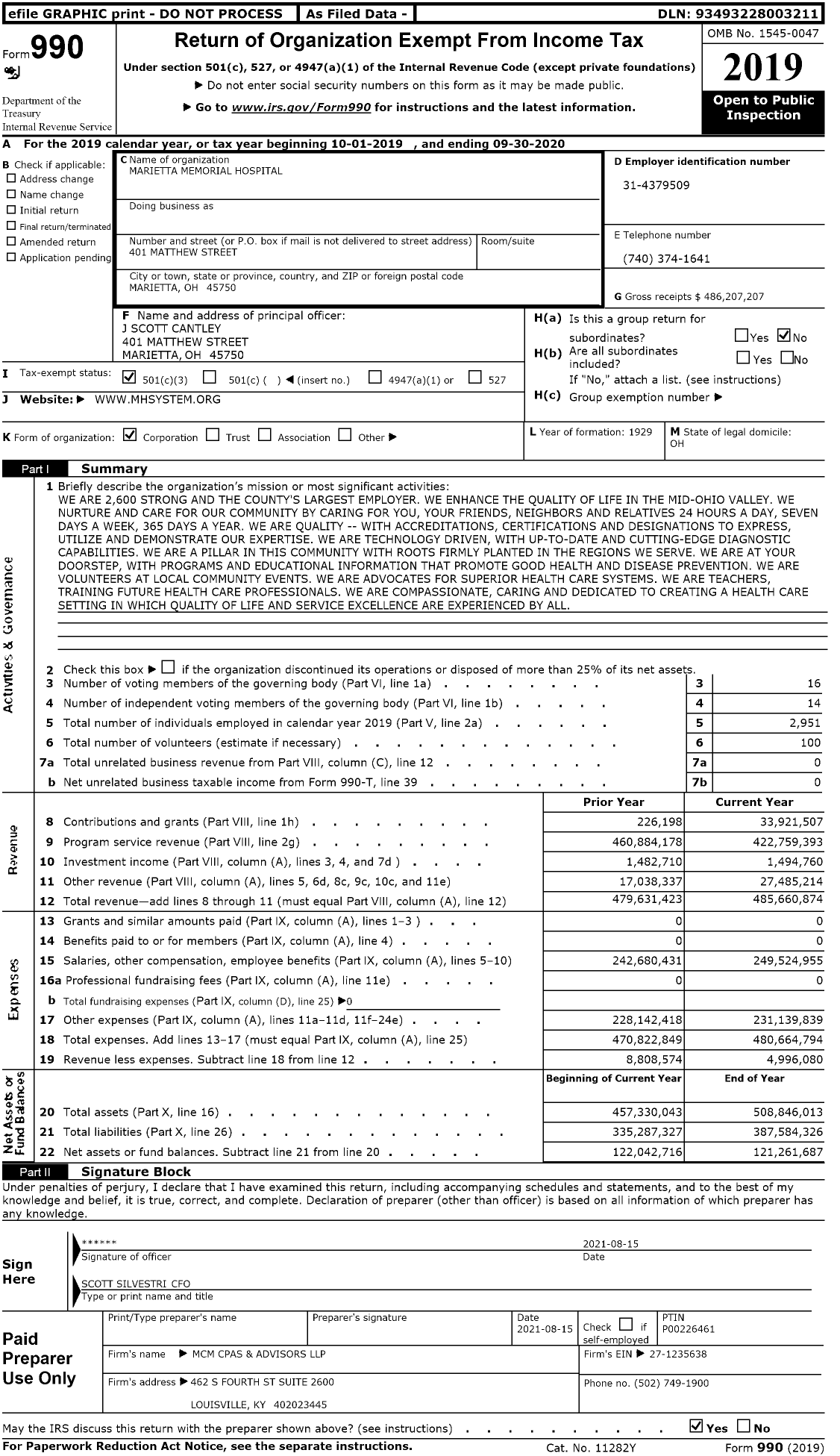 Image of first page of 2019 Form 990 for Marietta Memorial Hospital