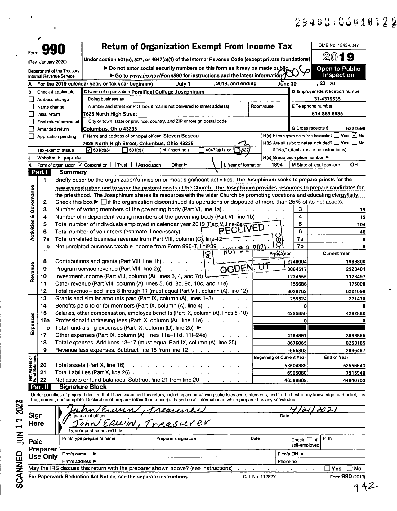 Image of first page of 2019 Form 990 for Pontifical College Josephinum (PCJ)