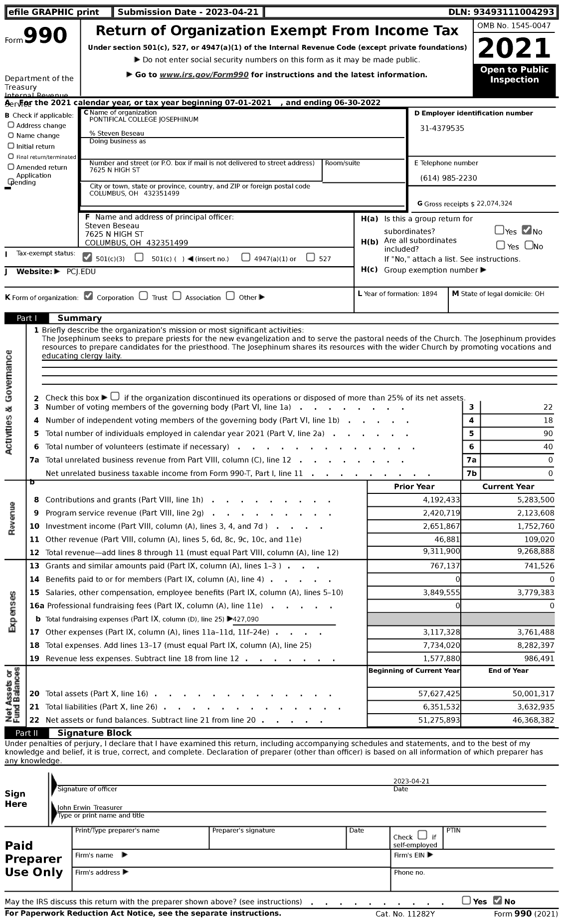 Image of first page of 2021 Form 990 for Pontifical College Josephinum (PCJ)