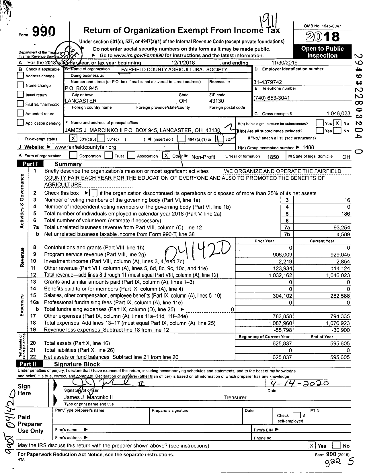 Image of first page of 2018 Form 990 for Fairfield County Agricultural Society