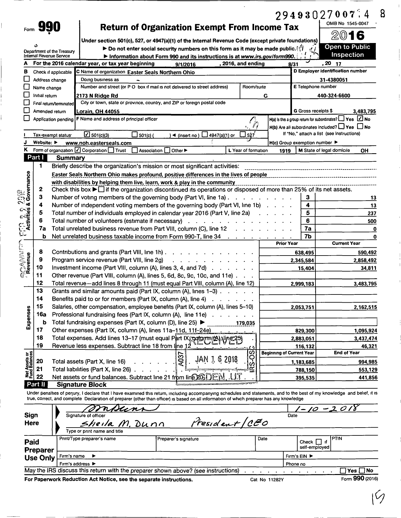 Image of first page of 2016 Form 990 for Easter Seals Northern Ohio