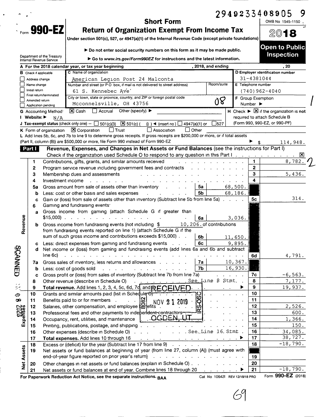 Image of first page of 2018 Form 990EO for American Legion Auxiliary - 24 Malconta