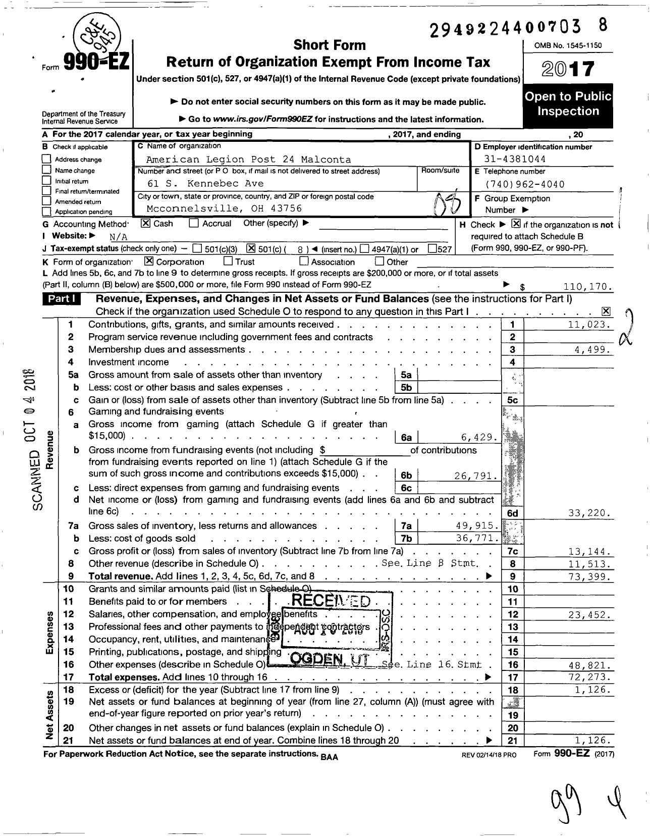 Image of first page of 2017 Form 990EO for American Legion Auxiliary - 24 Malconta