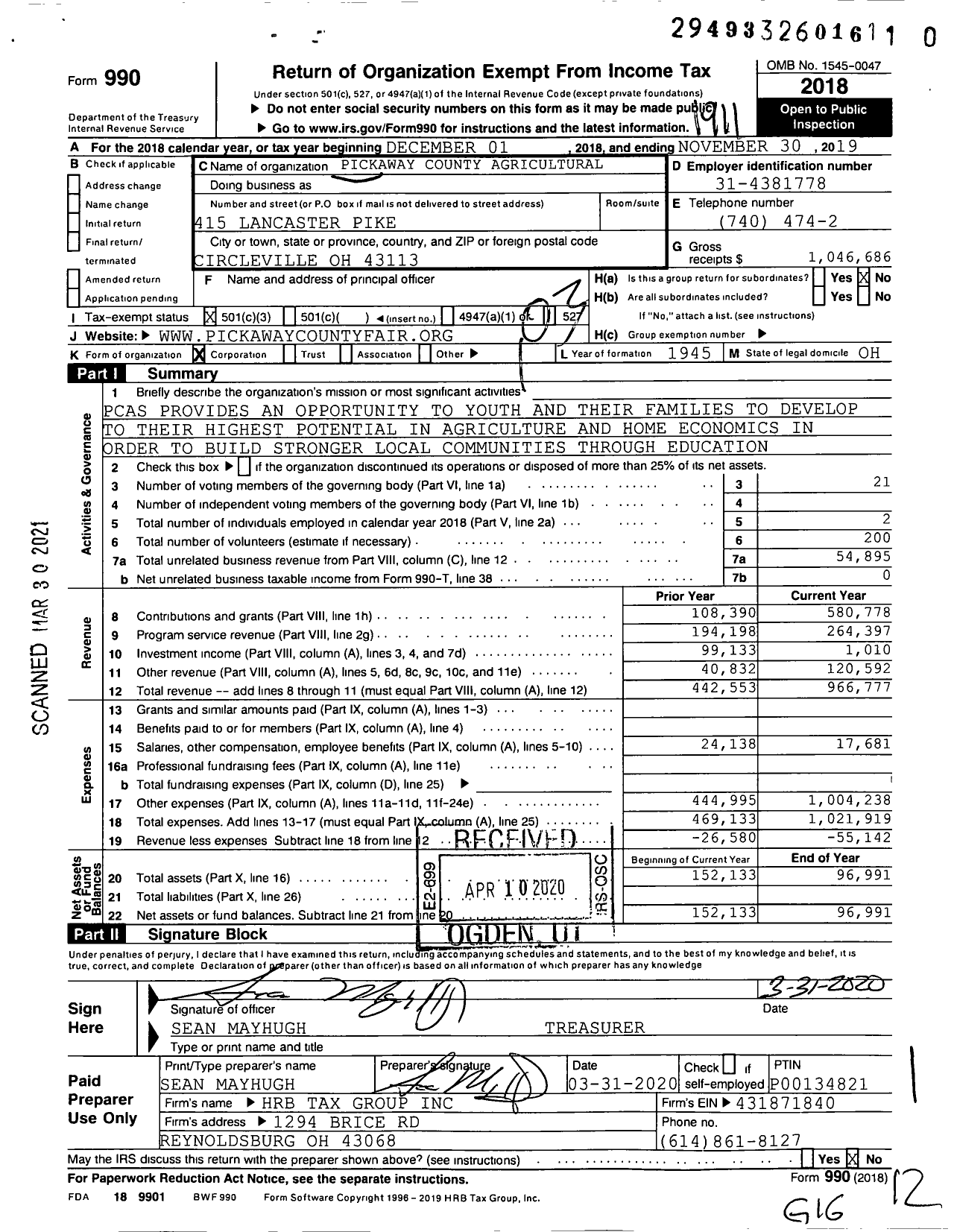 Image of first page of 2018 Form 990 for Pickaway County Agricultural Society