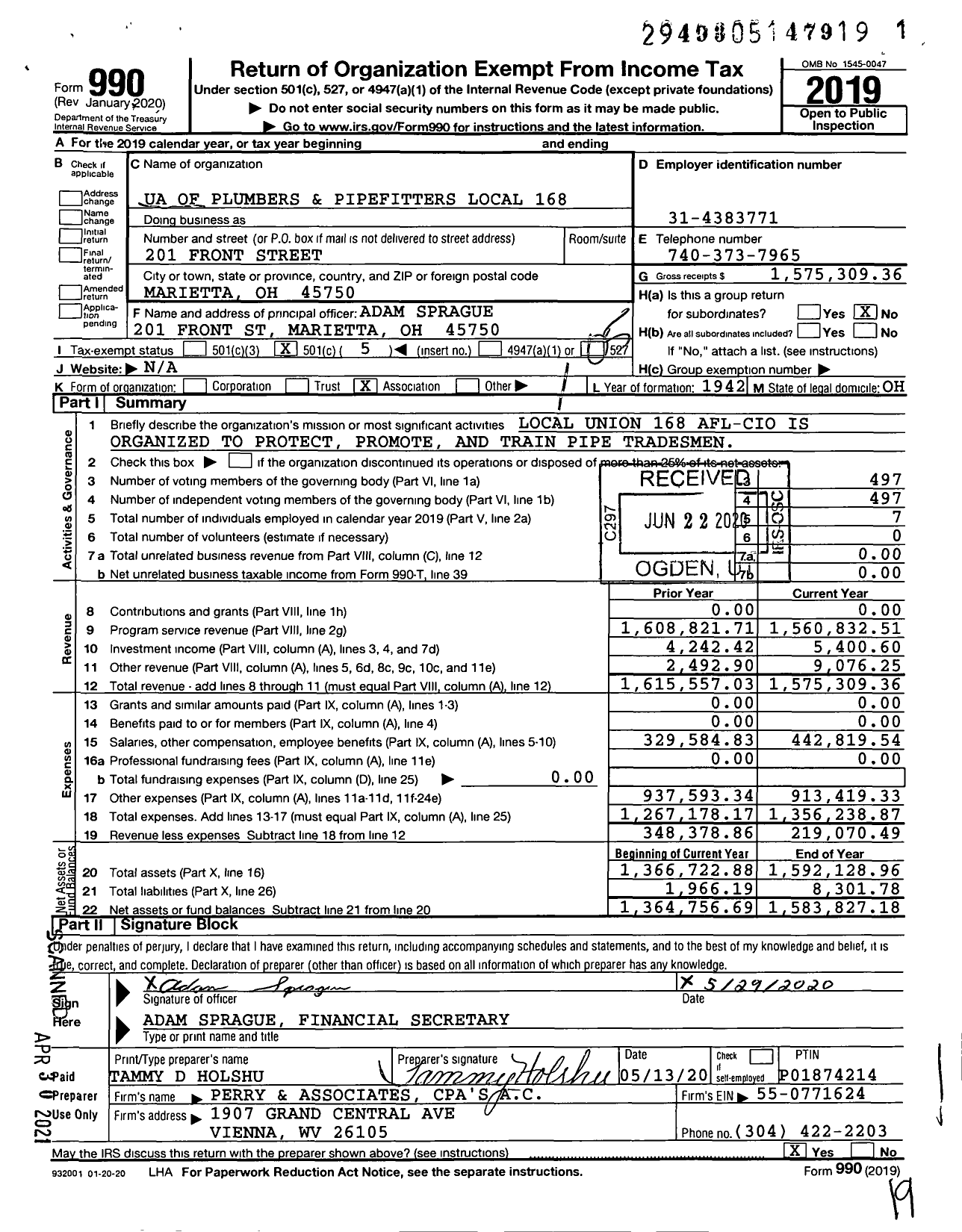 Image of first page of 2019 Form 990O for United Association - 168 PPF