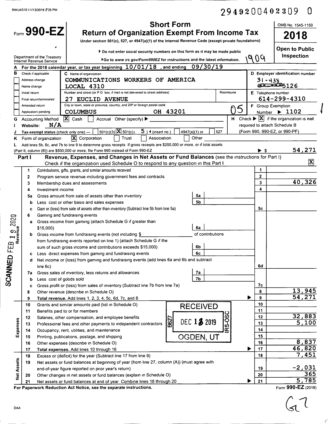 Image of first page of 2018 Form 990EO for Communications Workers of America Local 4310