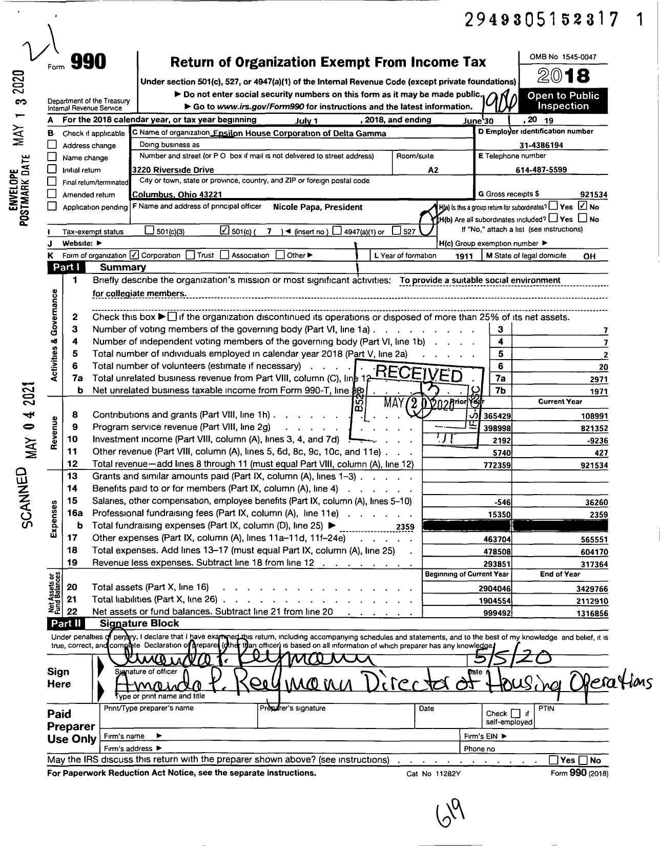 Image of first page of 2018 Form 990O for Epsilon House Corporation of Delta Gamma