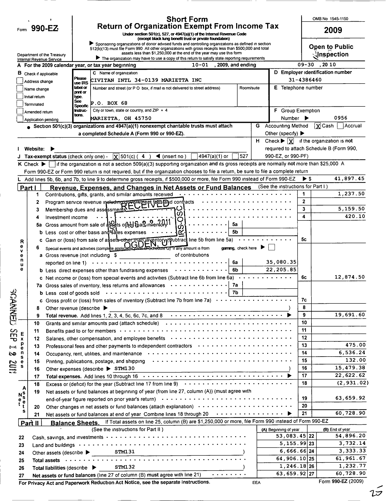 Image of first page of 2009 Form 990EO for Civitan International / Marietta Inc Oh