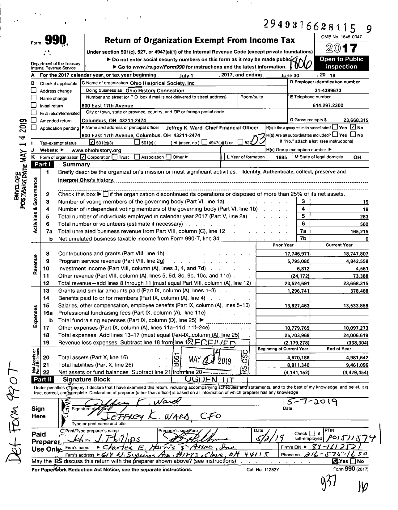 Image of first page of 2017 Form 990 for Ohio History Connection