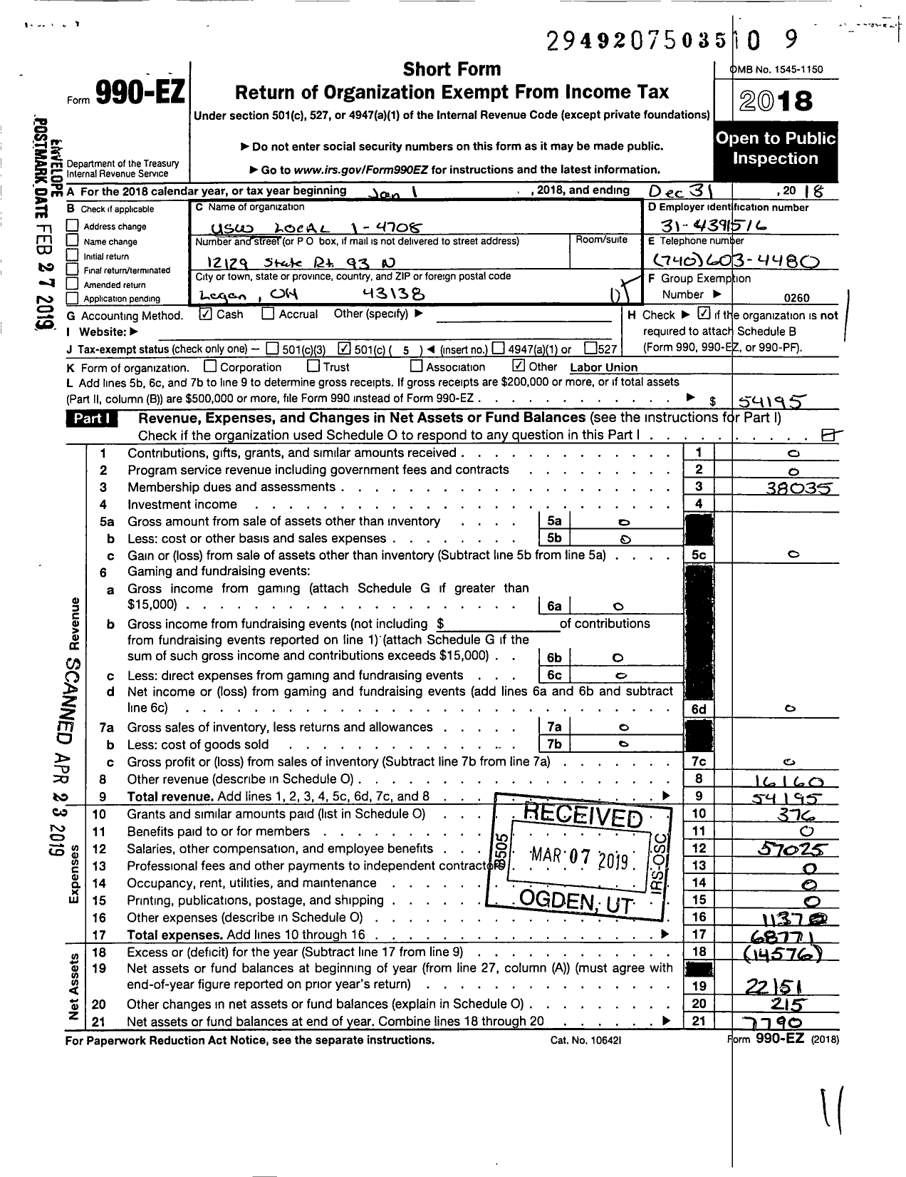 Image of first page of 2018 Form 990EO for United Steelworkers - 04708 Local