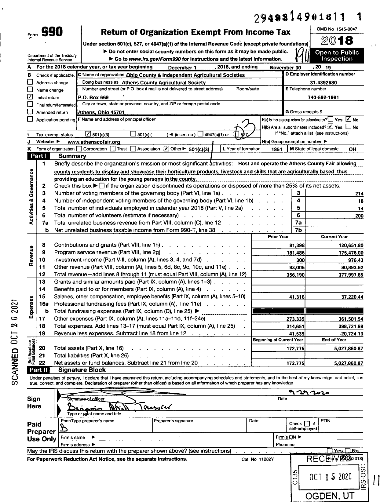 Image of first page of 2018 Form 990 for Ohio County & Independent Agricultural Societies - Athens County Agricultural Society