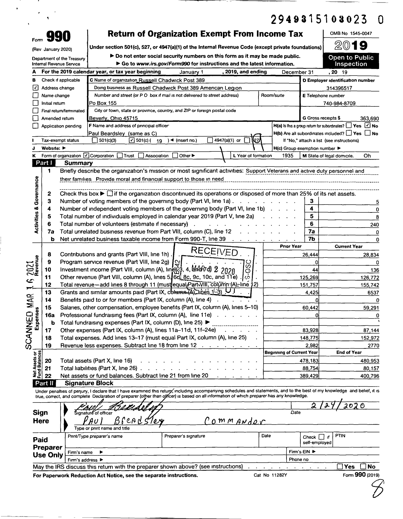 Image of first page of 2019 Form 990O for American Legion - Russell Chadwick Post 389 American Legion