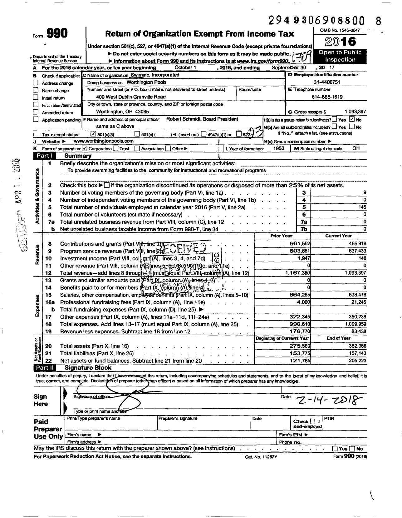 Image of first page of 2016 Form 990 for Worthington Pools