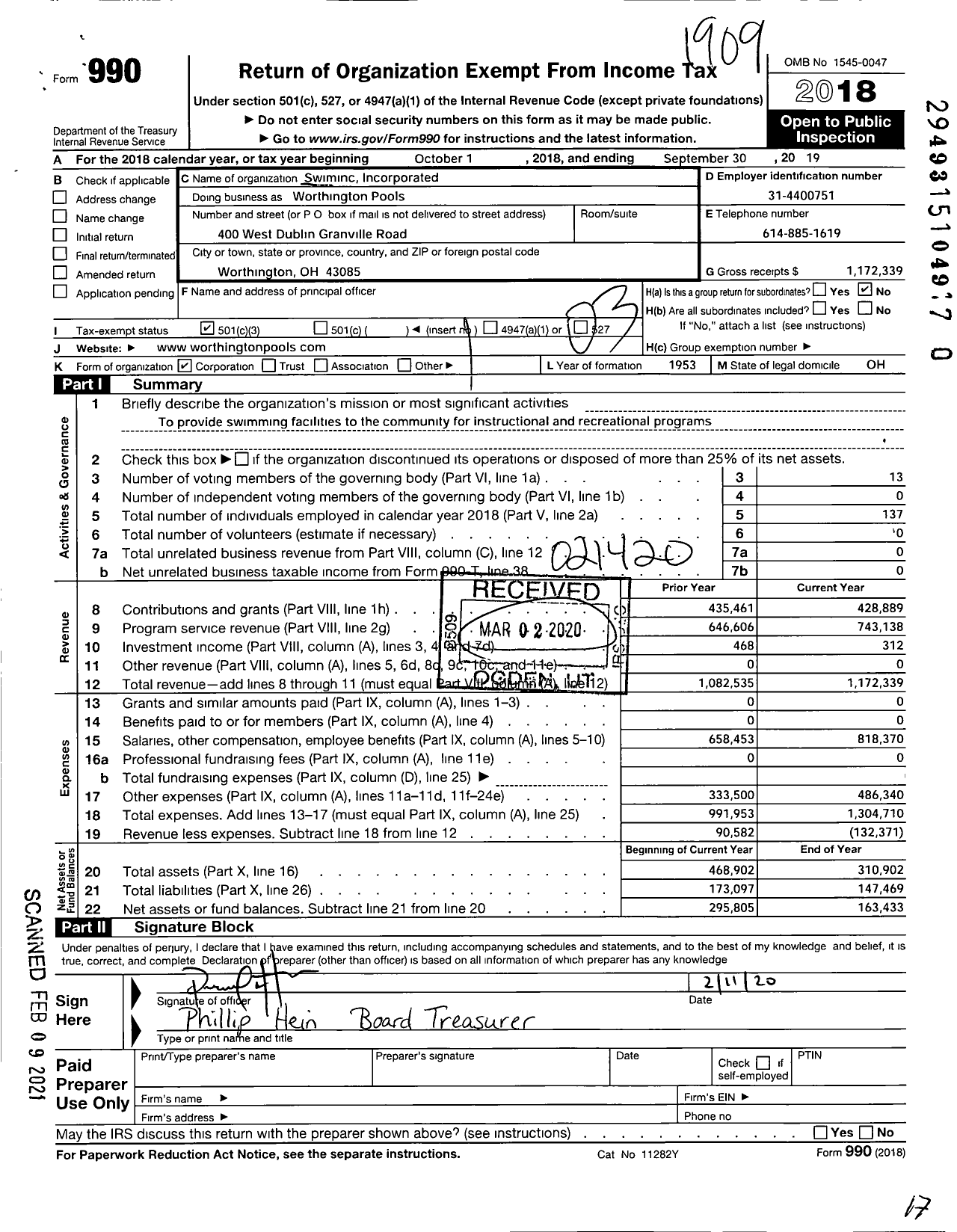 Image of first page of 2018 Form 990 for Worthington Pools